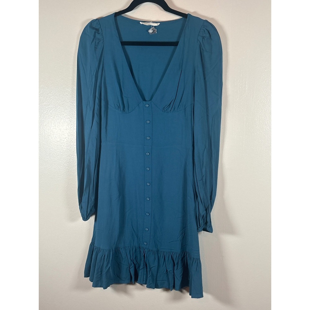 Lani The Label Teal Blue V-Neck Button Front Ruffle Hem Mini Dress‎ Women's XS